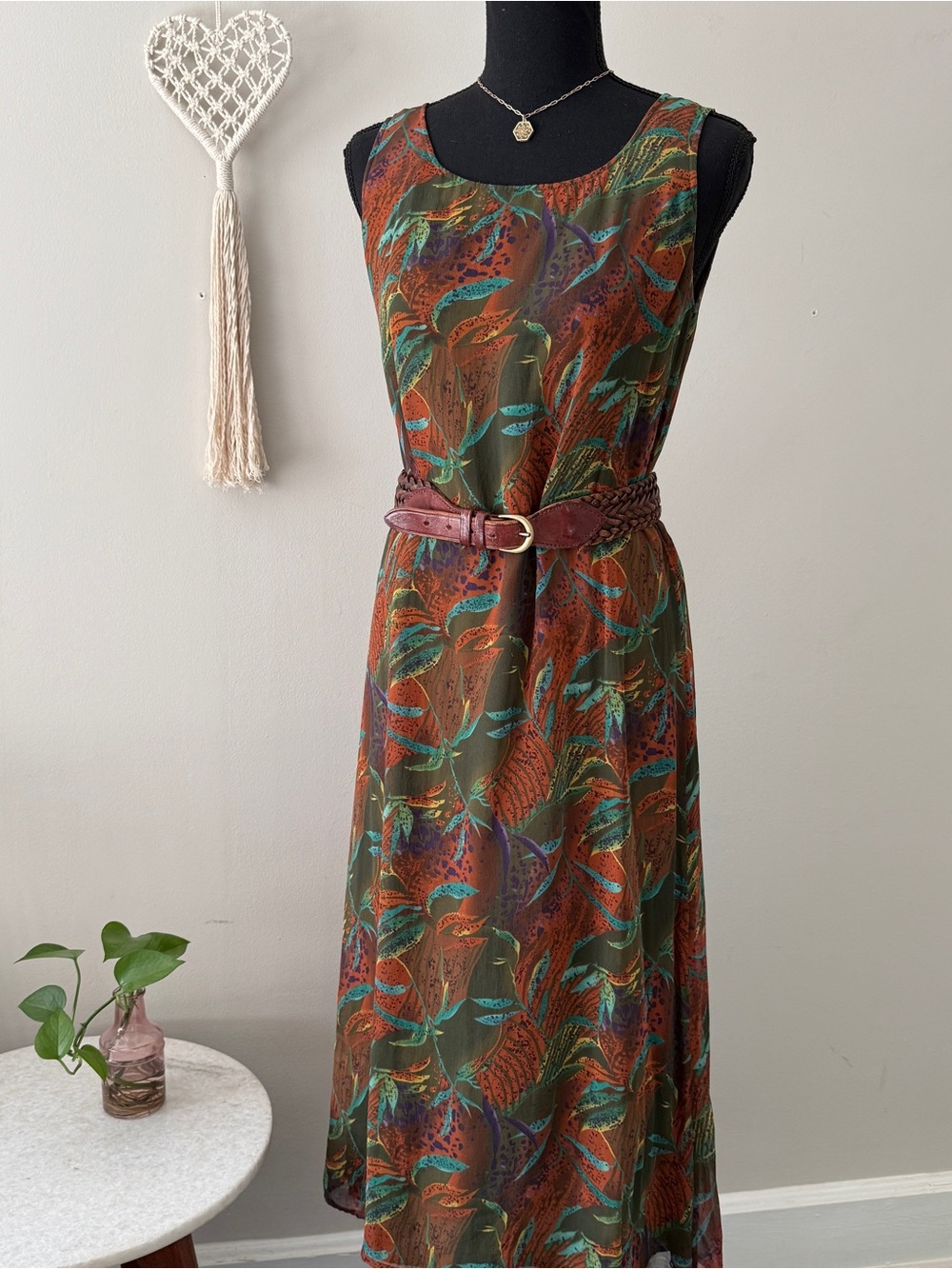 100% Silk Robbie Bee Olive Maxi Dress with Rust & Teal Leaf Print